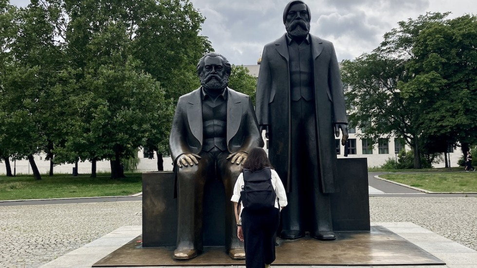 The statues of Karl Marx and Friedrich Engels at the Marx-Engels Forum, Berlin