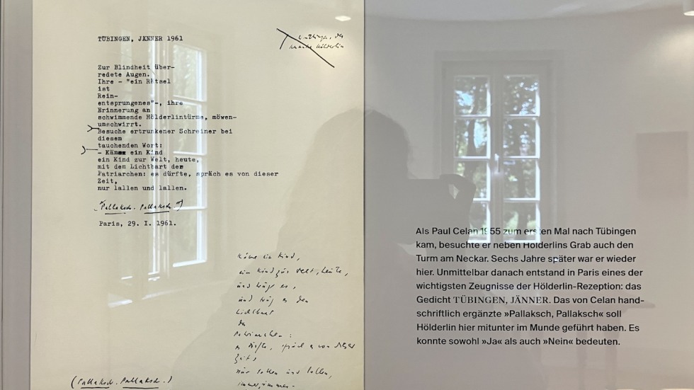 Paul Celan’s poem ‘Tübingen, Jänner’ with the date, his notes and marginalia, Hölderlintürm, Tübingen